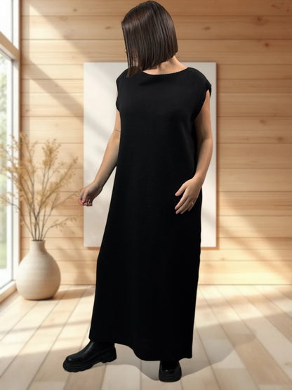 GABRIELA - ENSEMBLE NOIR EN MAILLE ROBE ET GILET JUSQU'A LA TAILLE 48