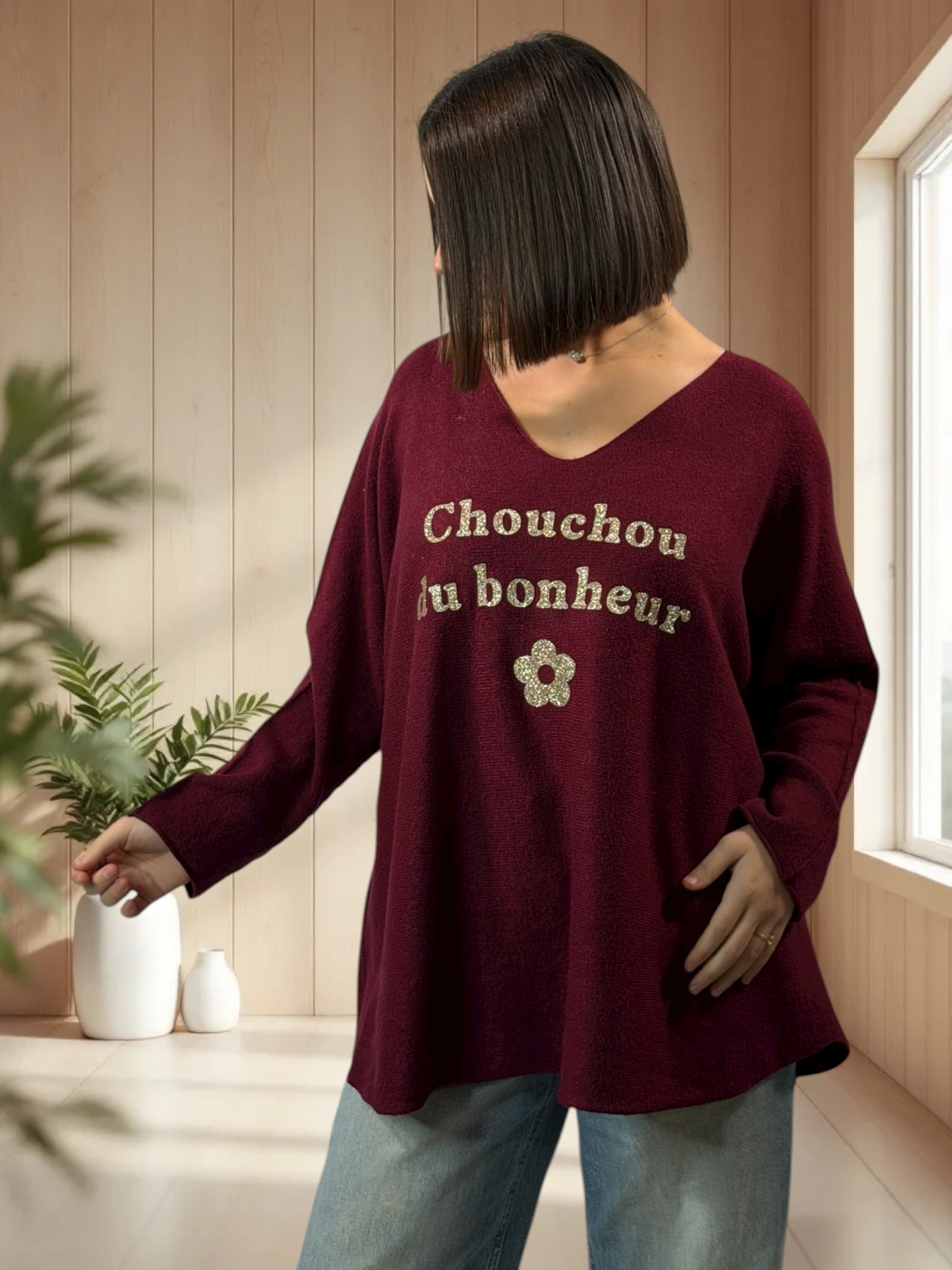 CHOUCHOU - PULL OVERSIZE BORDEAUX JUSQU'A LA TAILLE 54