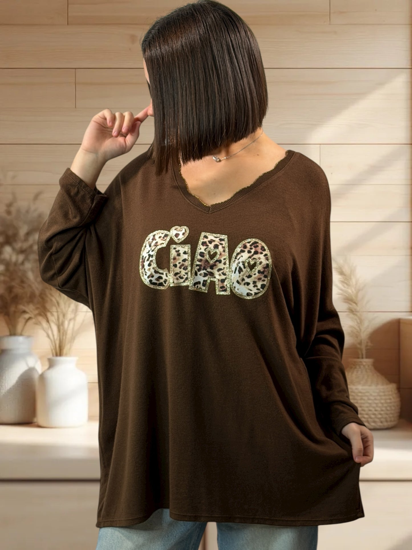 CIAO - PULL MARRON EN MAILLE FLUIDE JUSQU'A LA TAILLE 54/56