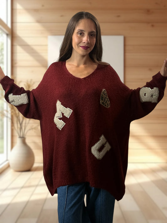JAMES - PULL OVERSIZE BORDEAUX JUSQU'A LA TAILLE 56