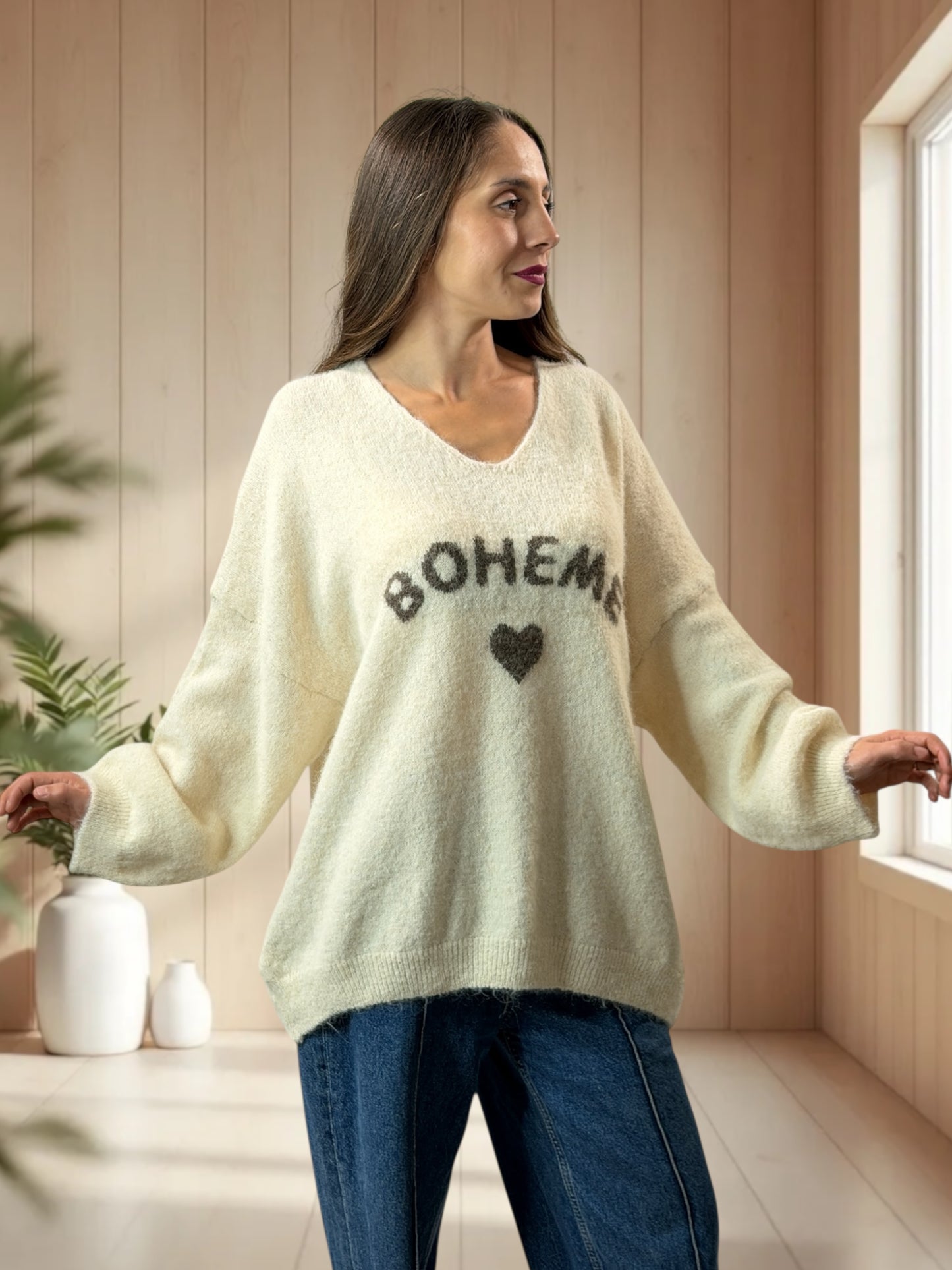 CLAUDIO - PULL BEIGE LOGO BOHEME JUSQU'A LA TAILLE 54/56