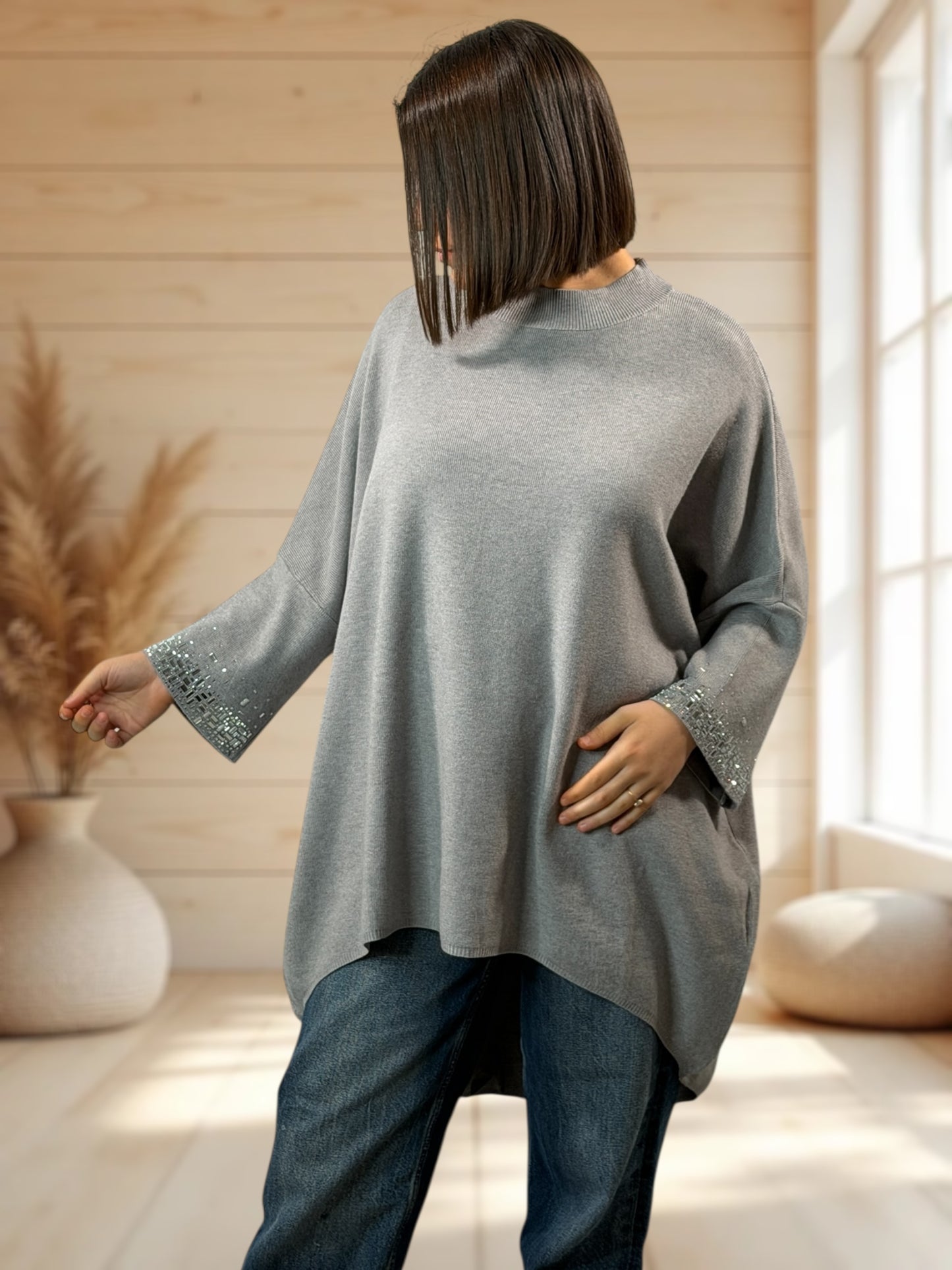 CORALINE - PULL OVERSIZE GRIS AVEC STRASS JUSQU'A LA TAILLE 56