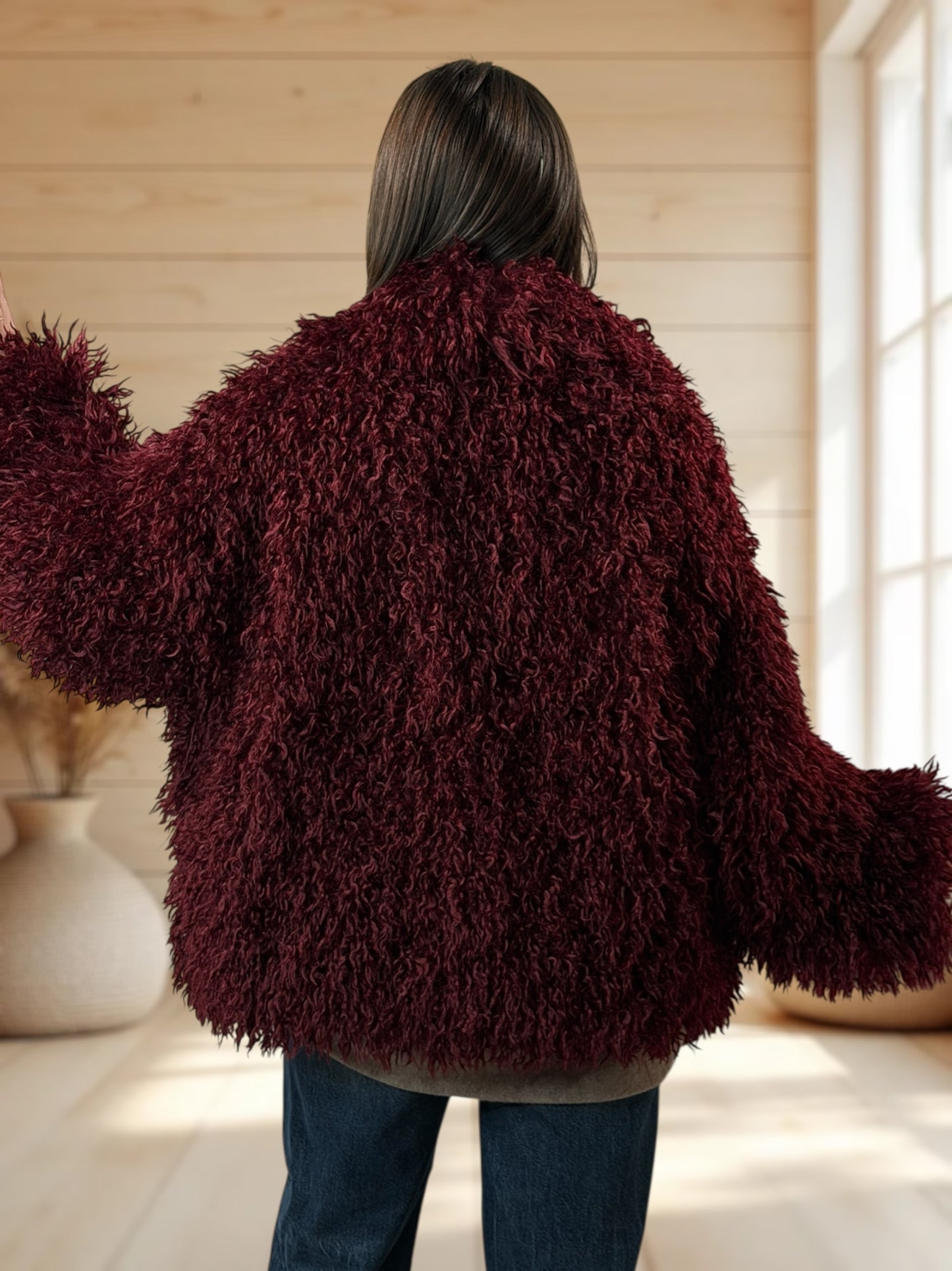 CAROLE - VESTE FAUSSE FOURRURE OVERSIZE BORDEAUX JUSQU'A LA TAILLE 52