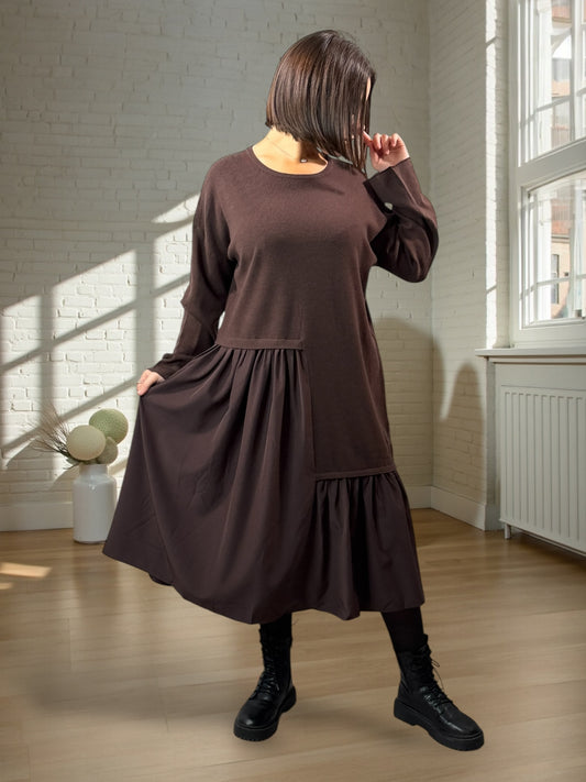 HELENA - ROBE BI-MATIÈRE MARRON JUSQU'A LA TAILLE 52