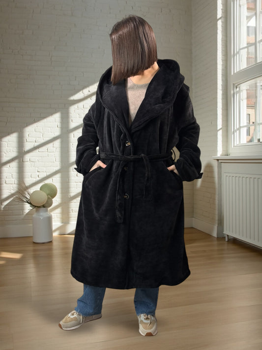 CARLOTA - MANTEAU OVERSIZE NOIR A CAPUCHE JUSQU'A LA TAILLE 56/58