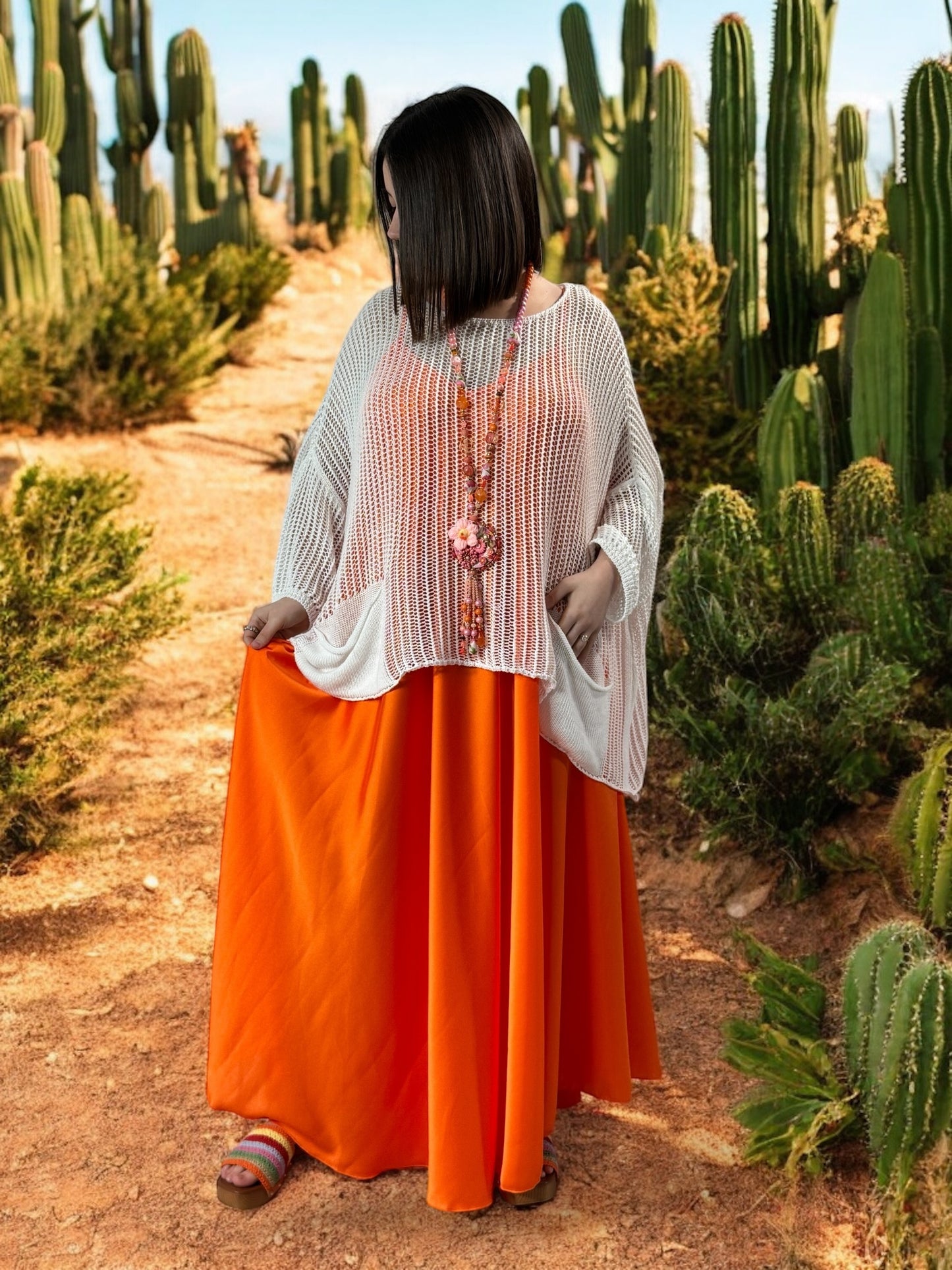 TIPHAINE - ROBE AMPLE FLUIDE ORANGE JUSQU'A LA TAILLE 50/52