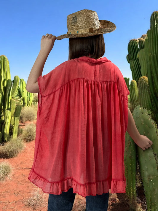 SERENA - BLOUSE ROUGE OVERSIZE EN COTON JUSQU'A LA TAILLE 56