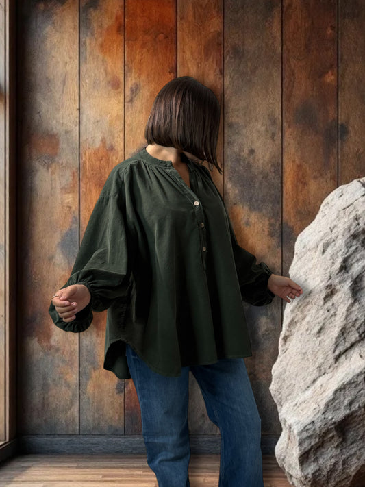 ALICIA - BLOUSE KAKI EN VELOURS MILLERAIES OVERSIZE JUSQU'A LA TAILLE 56