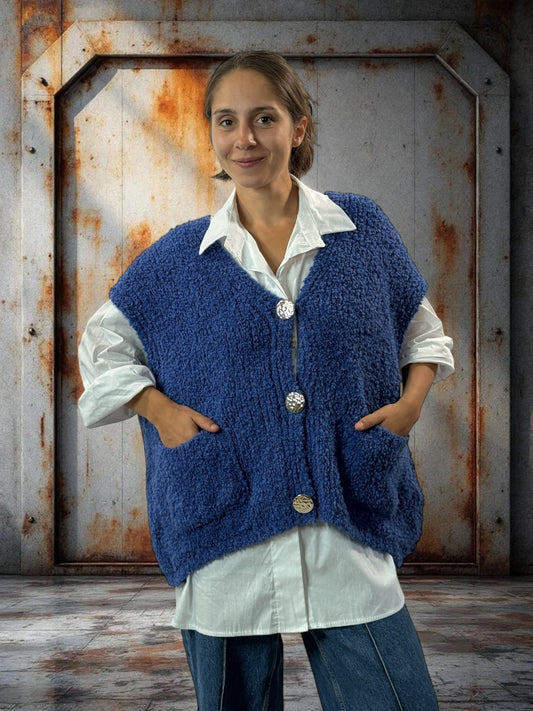 NICO - GILET BLEU SANS MANCHE 2 POCHES JUSQU'A LA TAILLE 56