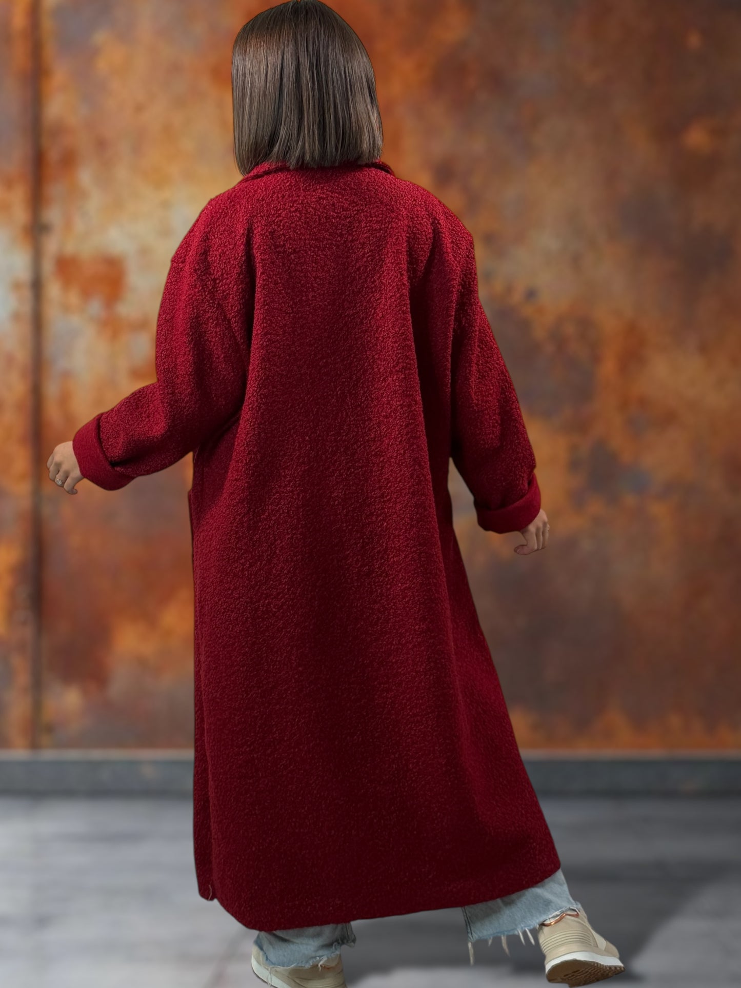 JULIEN - LONG MANTEAU BORDEAUX EN BOUCLETTE JUSQU'A LA TAILLE 50/52