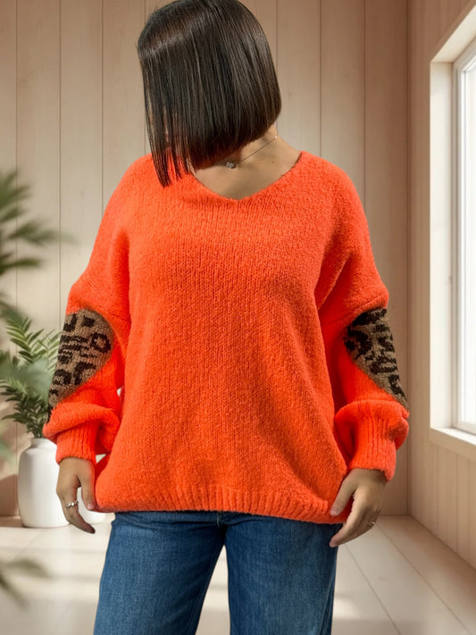 AMBER - PULL ORANGE COEUR LEOPARD JUSQU'A LA TAILLE 50/52