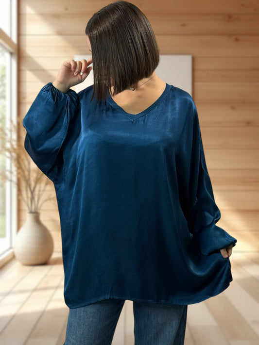 BARBARA - TUNIQUE BLEUE OVERSIZE ASPECT SOIE JUSQU'A LA TAILLE 52
