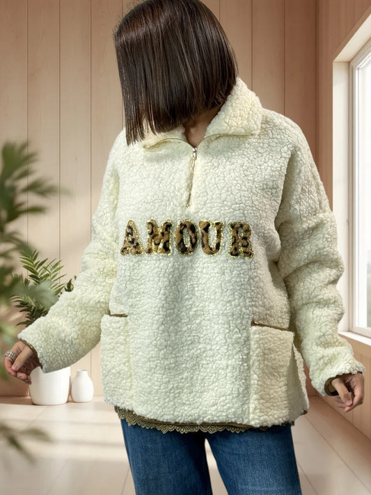 DOUDOU - PULL OVERSIZE BLANC CASSE LOGO AMOUR LEOPARD JUSQU'A LA TAILLE 48