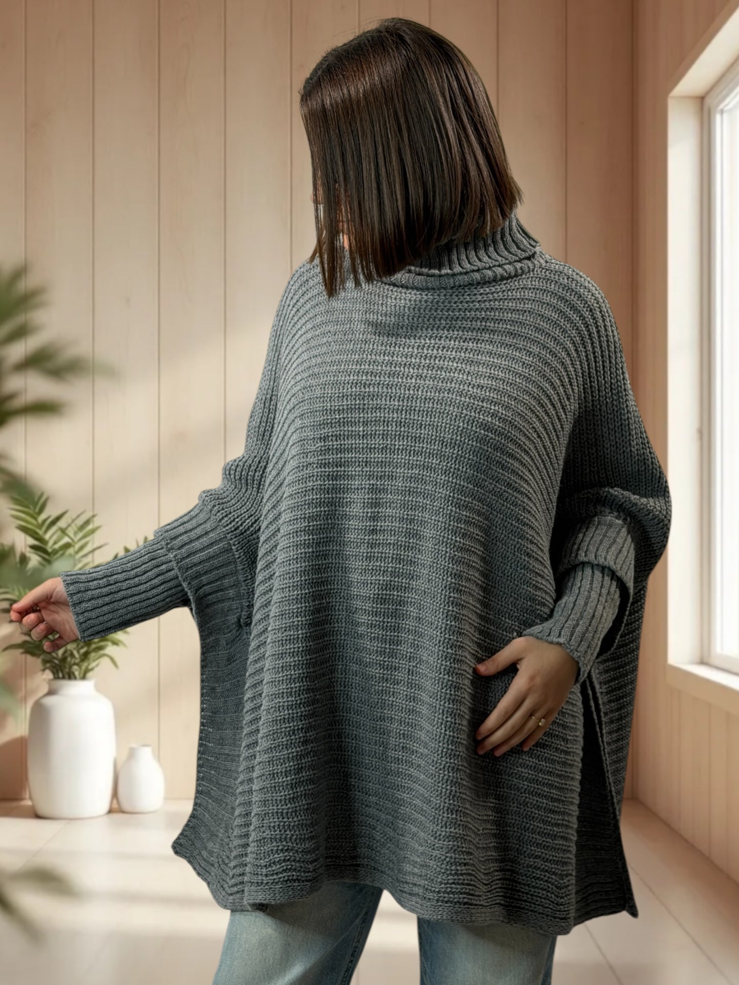 HELLO - PULL PONCHO GRIS OVERSIZE JUSQU'A LA TAILLE 56/58