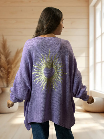 RICKOU - PULL OVERSIZE LILAS MOTIF SOLEIL JUSQU'A LA TAILLE 56