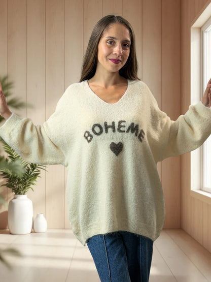 CLAUDIO - PULL BEIGE LOGO BOHEME JUSQU'A LA TAILLE 54/56