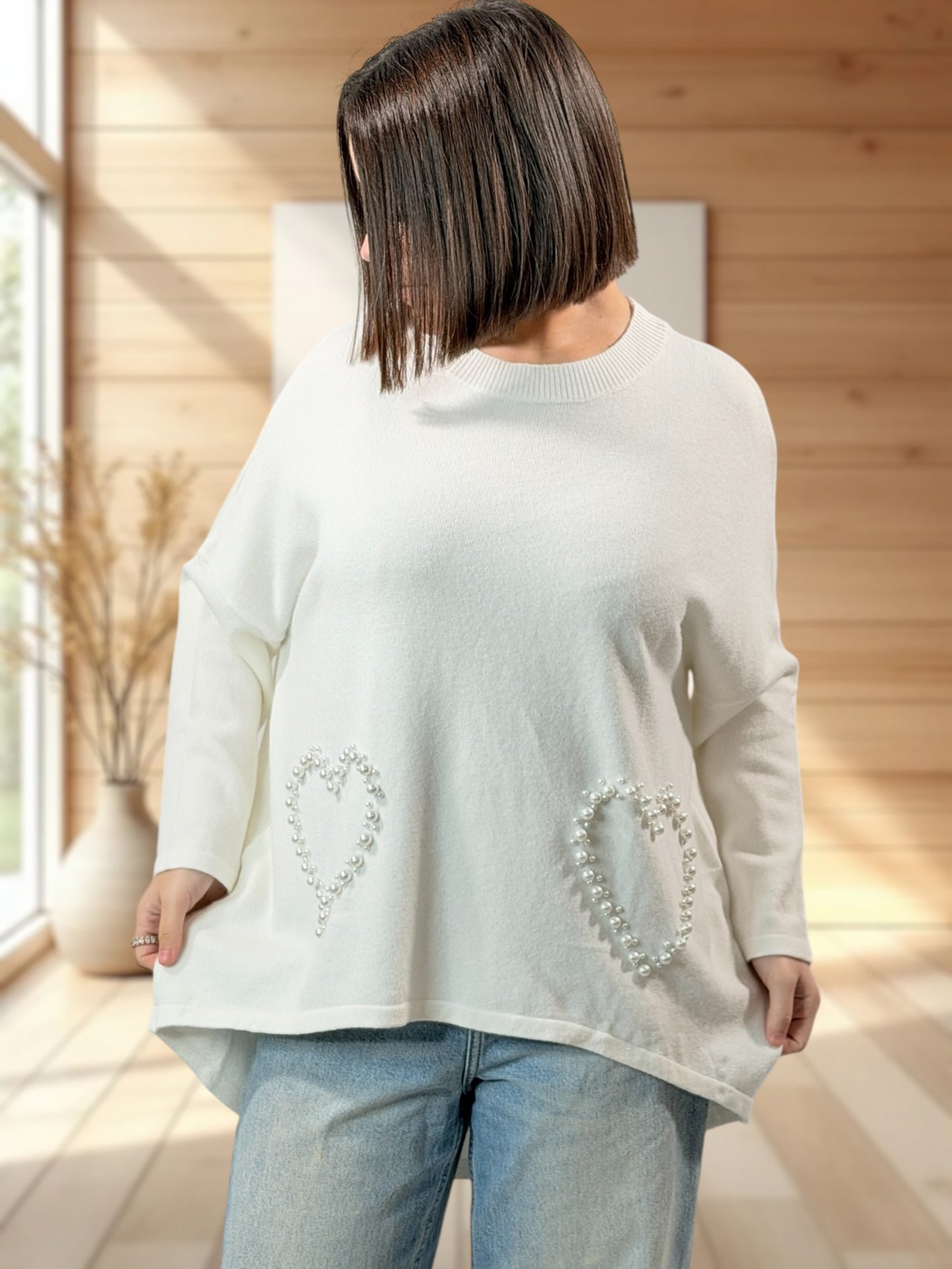 GLORIA - PULL OVERSIZE BLANC CASSE AVEC PERLE JUSQU'A LA TAILLE 52/54