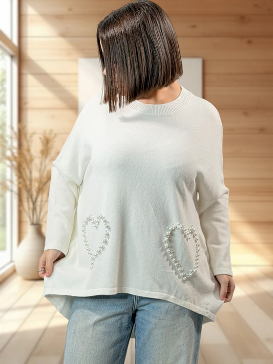 GLORIA - PULL OVERSIZE BLANC CASSE AVEC PERLE JUSQU'A LA TAILLE 52/54