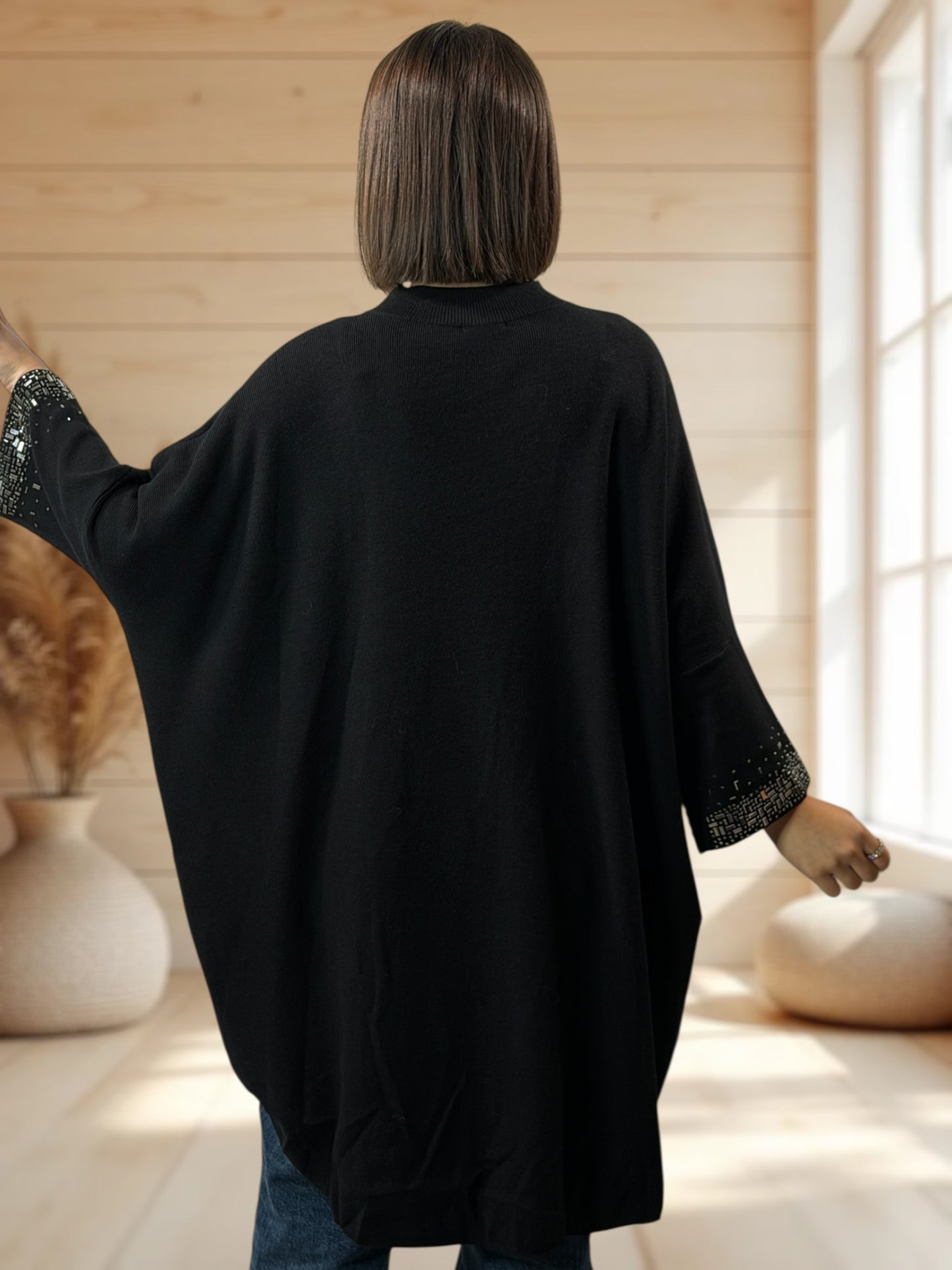 CORALINE - PULL OVERSIZE NOIR AVEC STRASS JUSQU'A LA TAILLE 56