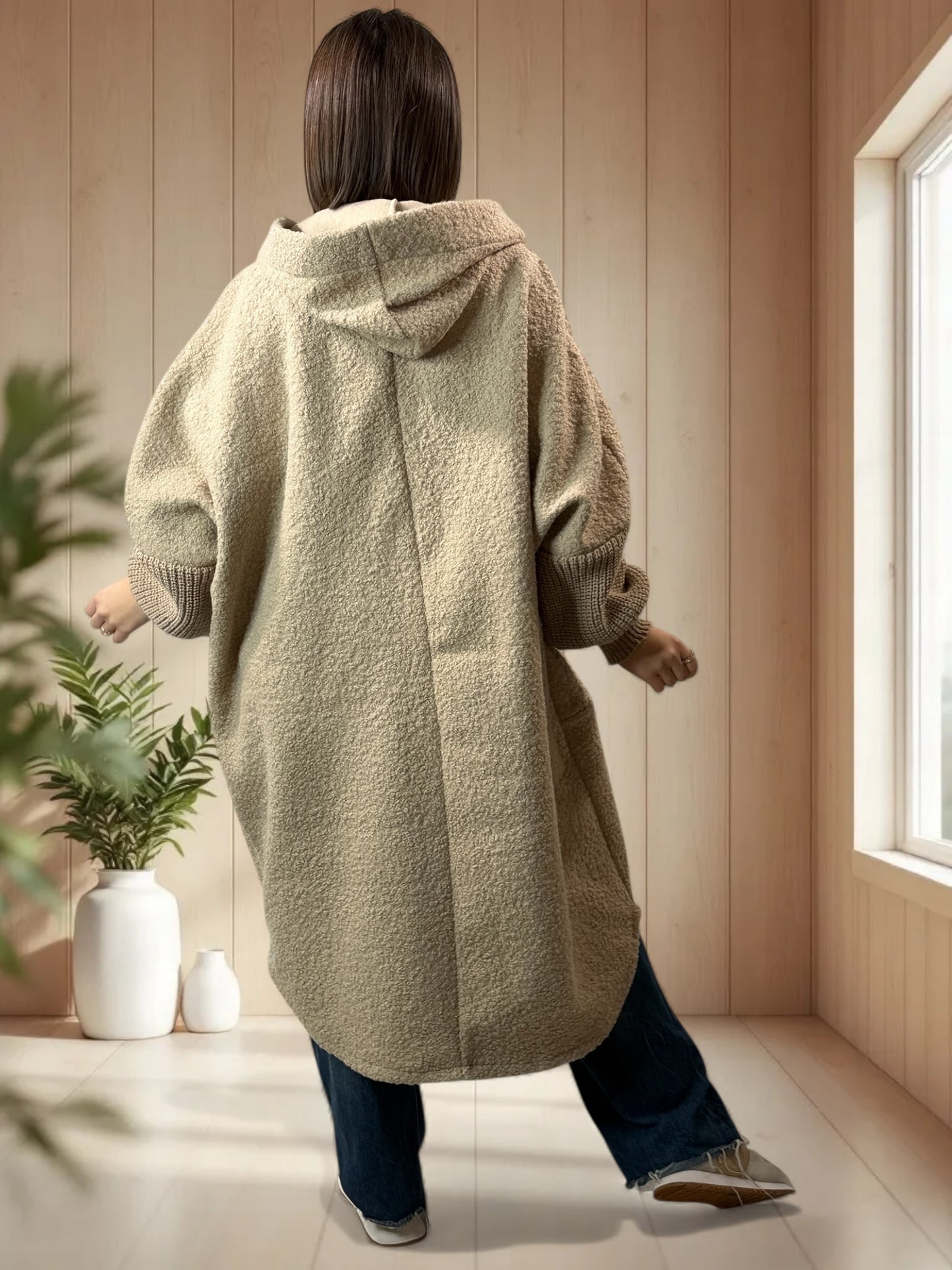 VIRGINIE - MANTEAU OVERSIZE BEIGE A CAPUCHE JUSQU'A LA TAILLE 54