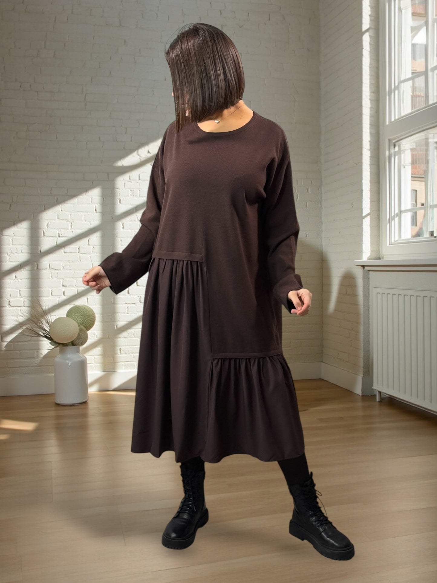 HELENA - ROBE BI-MATIÈRE MARRON JUSQU'A LA TAILLE 52