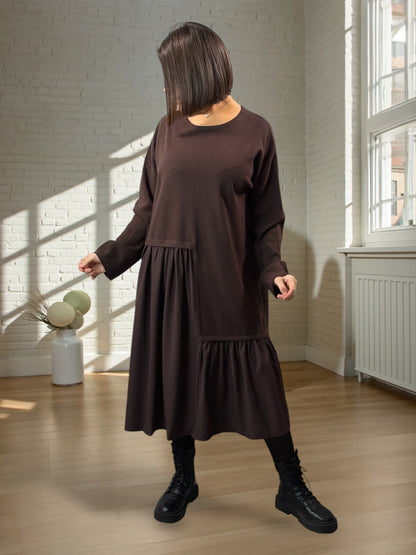 HELENA - ROBE BI-MATIÈRE MARRON JUSQU'A LA TAILLE 52