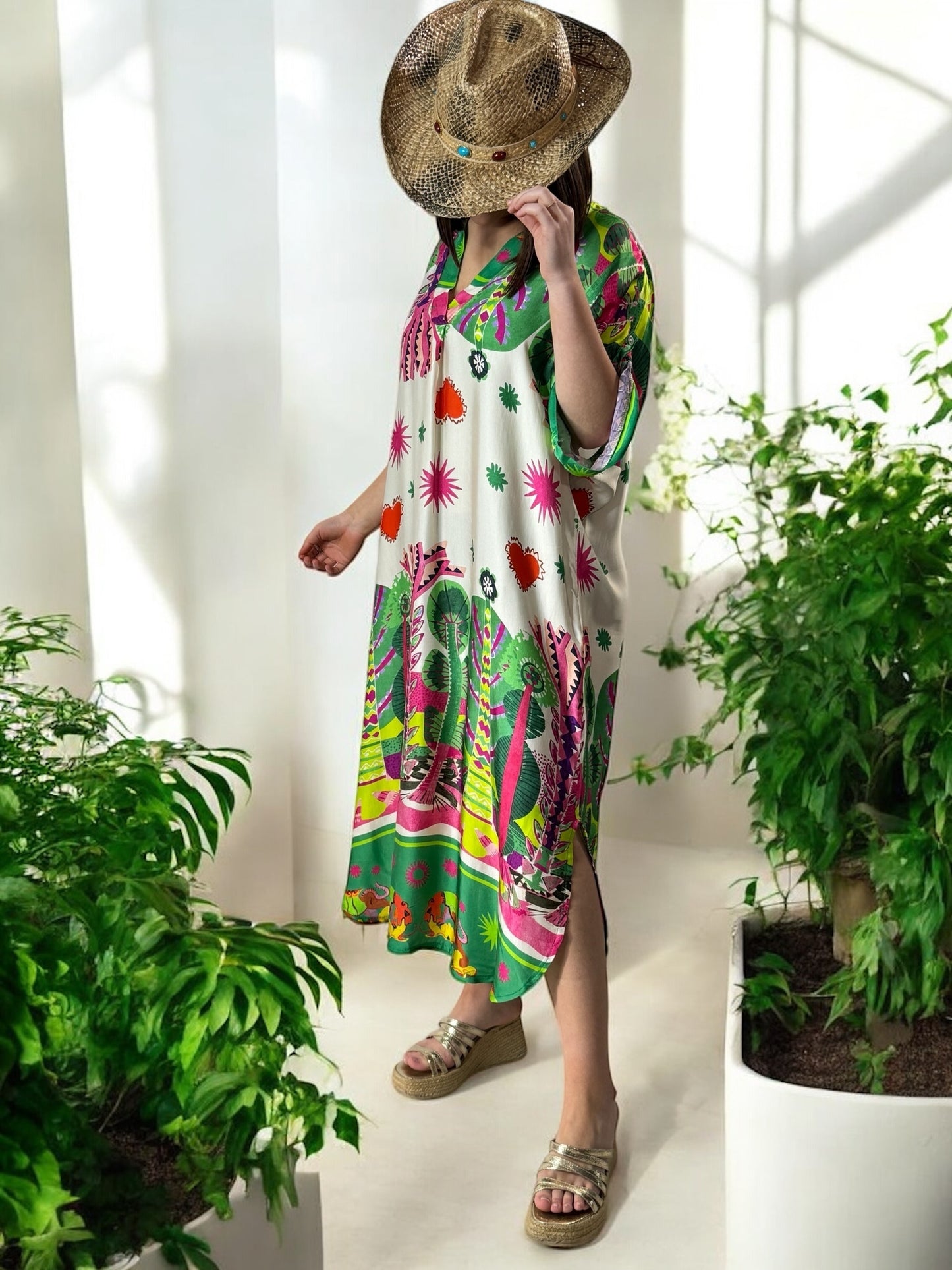 ETE INDIEN - ROBE OVERSIZE TISSUS SOYEUX A MOTIF VERT JUSQU'A LA TAILLE 50