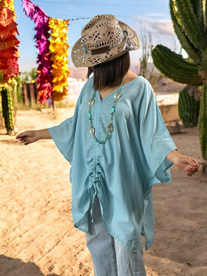 EMILIE - TUNIQUE OVERSIZE BLEUE EN COTON JUSQU'A LA TAILLE 58