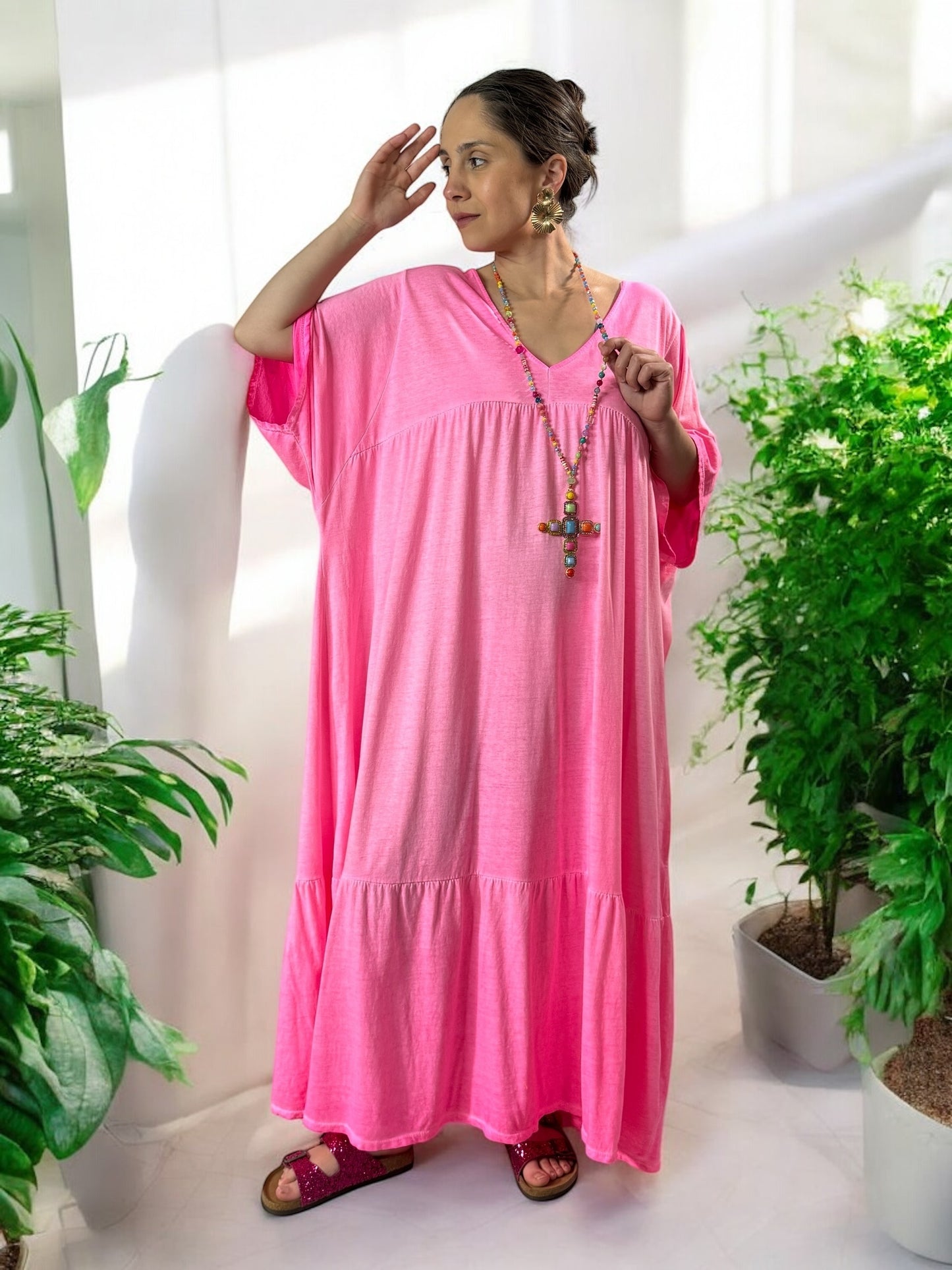 CAMERON - ROBE LONGUE FUCHSIA EN COTON JUSQU'A LA TAILLE 54