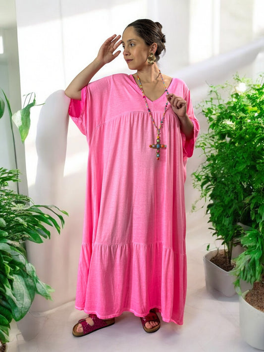 CAMERON - ROBE LONGUE FUCHSIA EN COTON JUSQU'A LA TAILLE 54