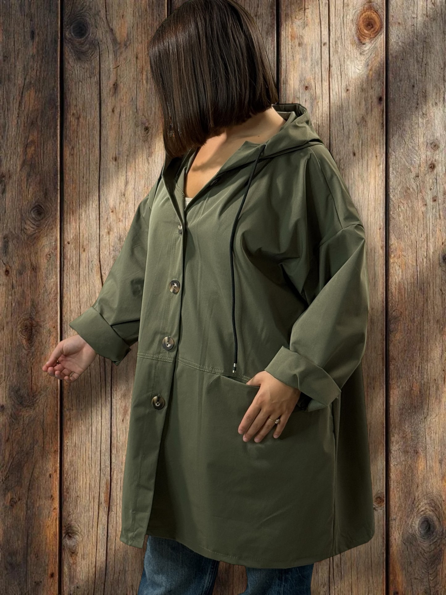DORIAN - VESTE TRENCH KAKI OVERSIZE A CAPUCHE JUSQU'A LA TAILLE 56