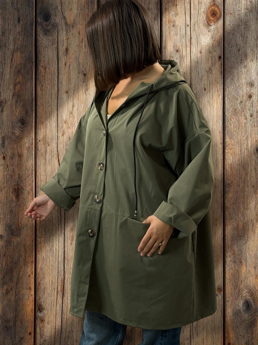 DORIAN - VESTE TRENCH KAKI OVERSIZE A CAPUCHE JUSQU'A LA TAILLE 56