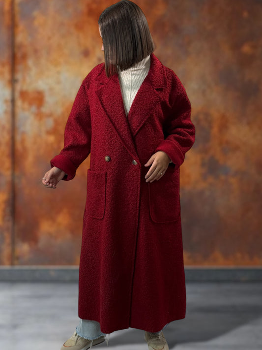 JULIEN - LONG MANTEAU BORDEAUX EN BOUCLETTE JUSQU'A LA TAILLE 50/52