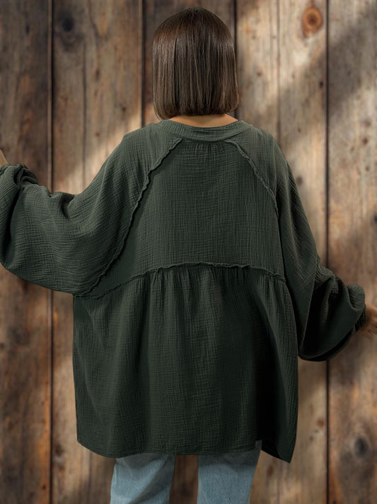 TIRAMISU - CHEMISE OVERSIZE KAKI EN GAZE DE COTON JUSQU'A LA TAILLE 56
