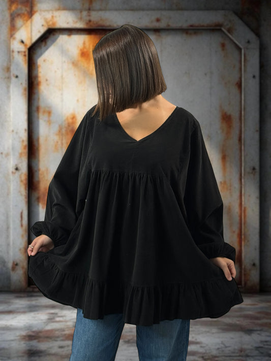 VICTORIA - TUNIQUE NOIRE EN VELOURS MILLERAIES OVERSIZE JUSQU'A LA TAILLE 52