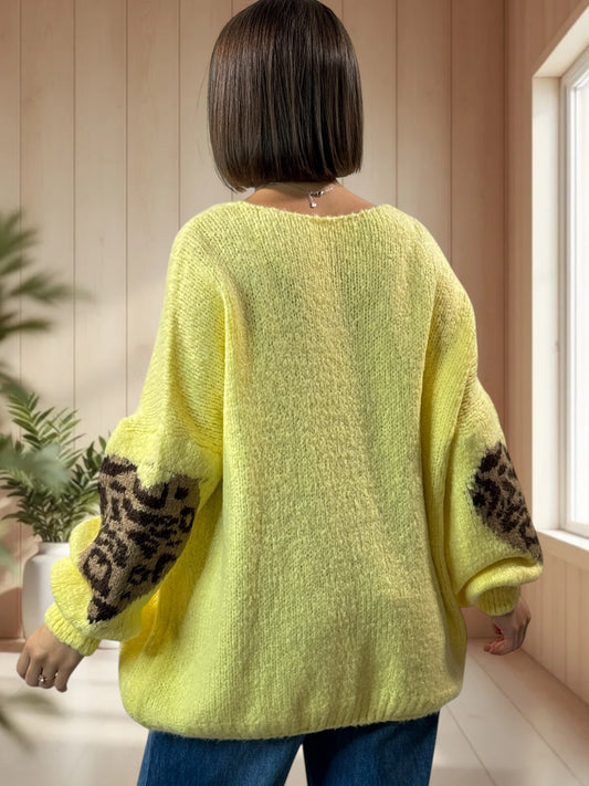 AMBER - PULL JAUNE COEUR LEOPARD JUSQU'A LA TAILLE 50/52