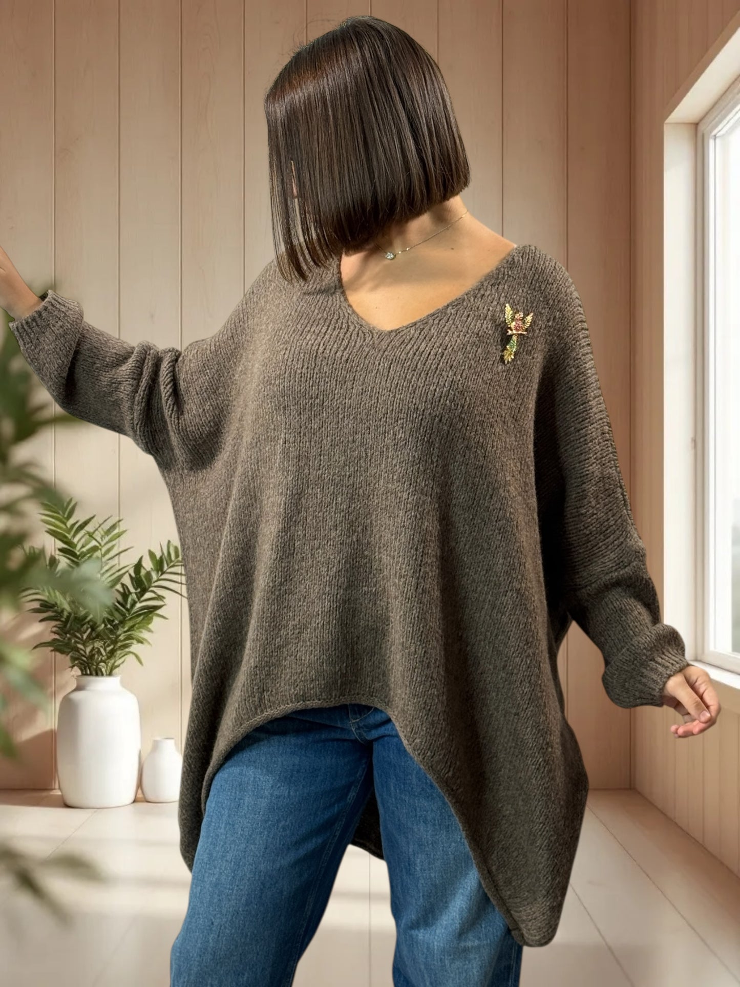 JULIA- PULL OVERSIZE MOKA JUSQU'A LA TAILLE 56/58