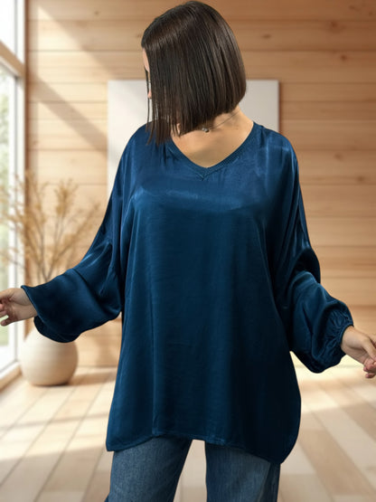 BARBARA - TUNIQUE BLEUE OVERSIZE ASPECT SOIE JUSQU'A LA TAILLE 52