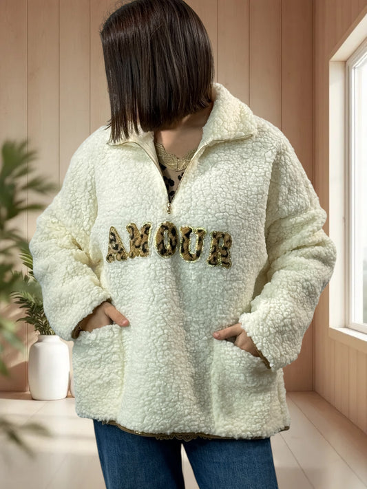 DOUDOU - PULL OVERSIZE BLANC CASSE LOGO AMOUR LEOPARD JUSQU'A LA TAILLE 48