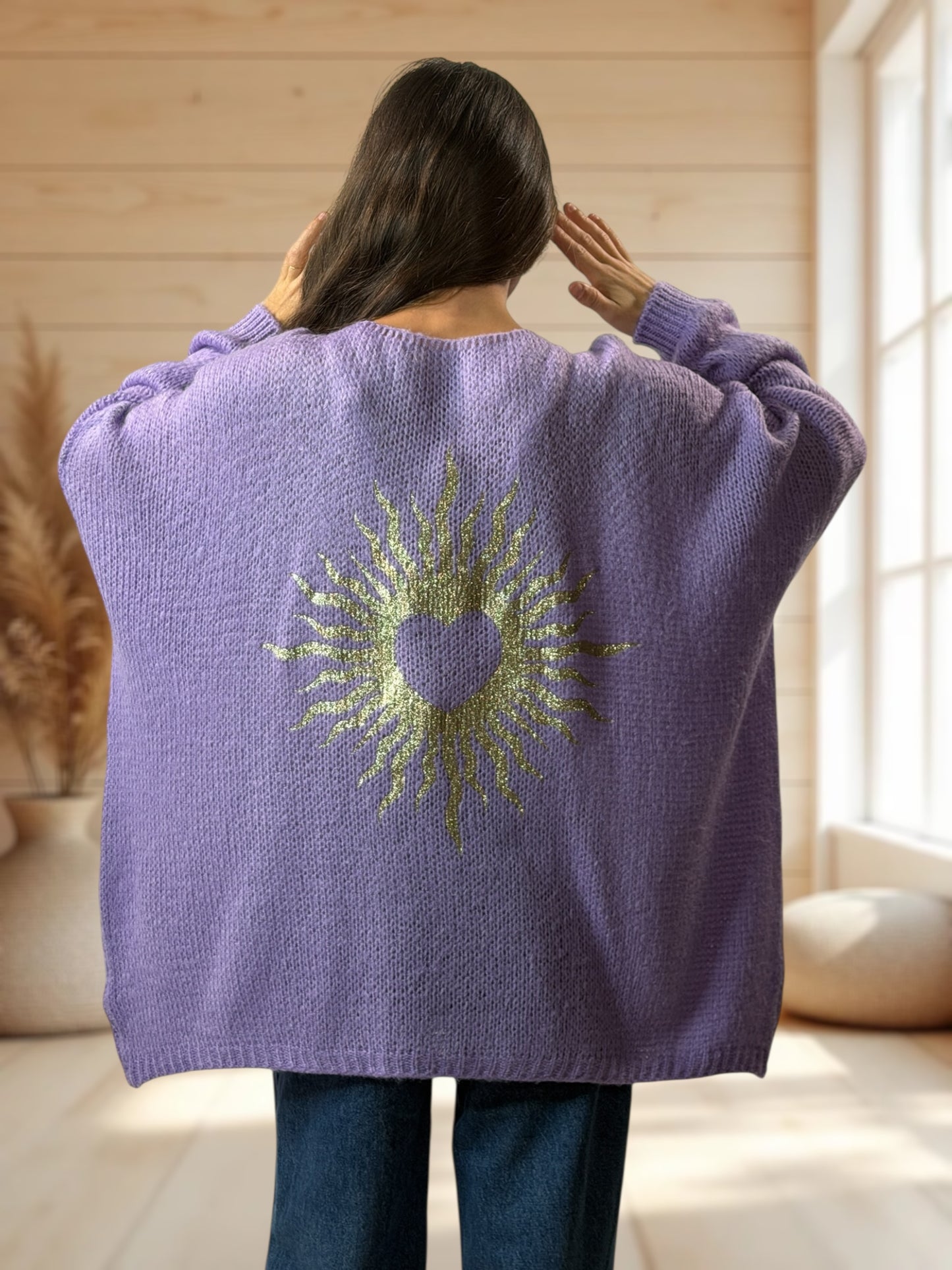 RICKOU - PULL OVERSIZE LILAS MOTIF SOLEIL JUSQU'A LA TAILLE 56