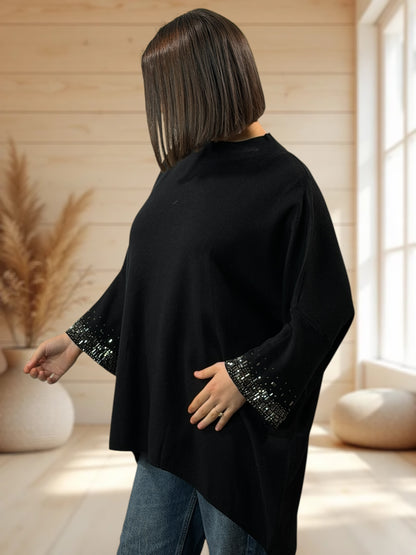 CORALINE - PULL OVERSIZE NOIR AVEC STRASS JUSQU'A LA TAILLE 56