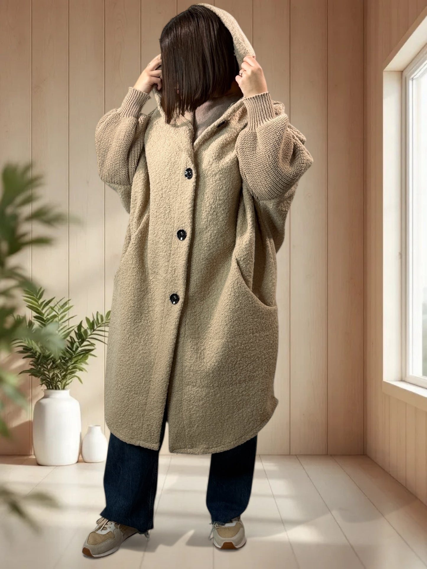 VIRGINIE - MANTEAU OVERSIZE BEIGE A CAPUCHE JUSQU'A LA TAILLE 54