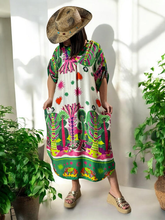 ETE INDIEN - ROBE OVERSIZE TISSUS SOYEUX A MOTIF VERT JUSQU'A LA TAILLE 50