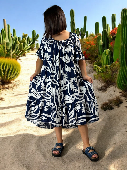 BANDOL - ROBE OVERSIZE MARINE A MOTIF JUSQU'A LA TAILLE 56