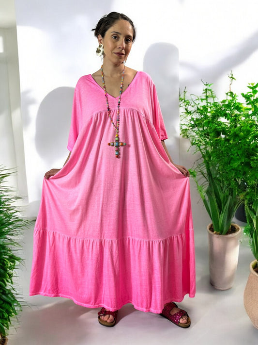 CAMERON - ROBE LONGUE FUCHSIA EN COTON JUSQU'A LA TAILLE 54