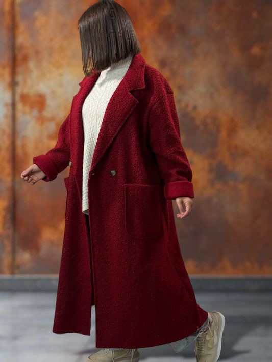 JULIEN - LONG MANTEAU BORDEAUX EN BOUCLETTE JUSQU'A LA TAILLE 50/52
