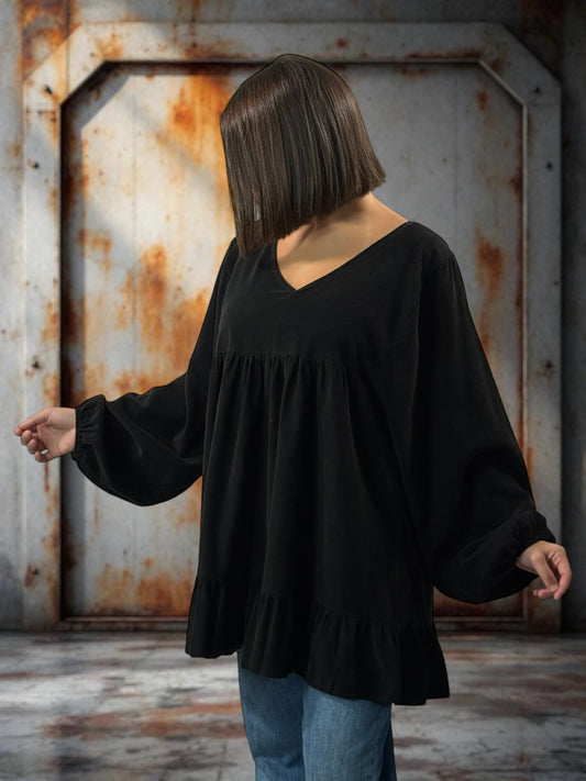 VICTORIA - TUNIQUE NOIRE EN VELOURS MILLERAIES OVERSIZE JUSQU'A LA TAILLE 52