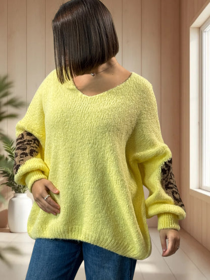 AMBER - PULL JAUNE COEUR LEOPARD JUSQU'A LA TAILLE 50/52