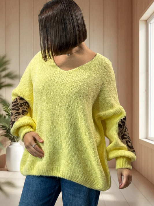 AMBER - PULL JAUNE COEUR LEOPARD JUSQU'A LA TAILLE 50/52