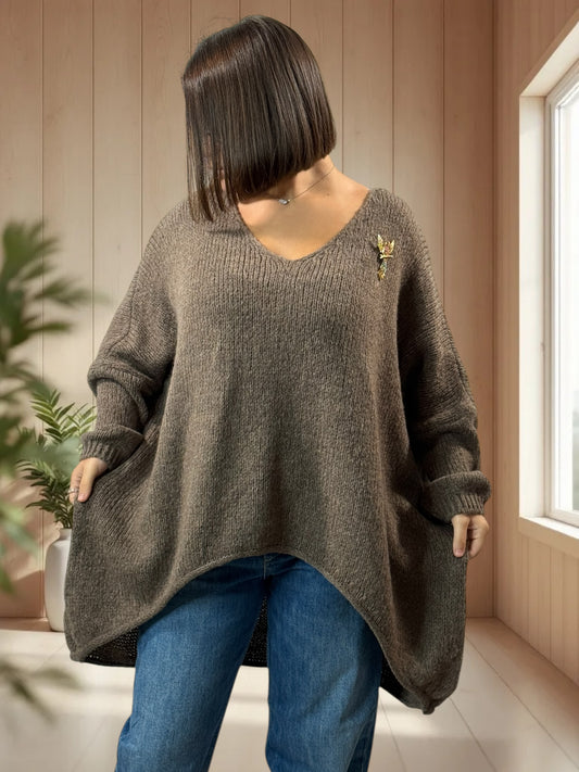 JULIA- PULL OVERSIZE MOKA JUSQU'A LA TAILLE 56/58